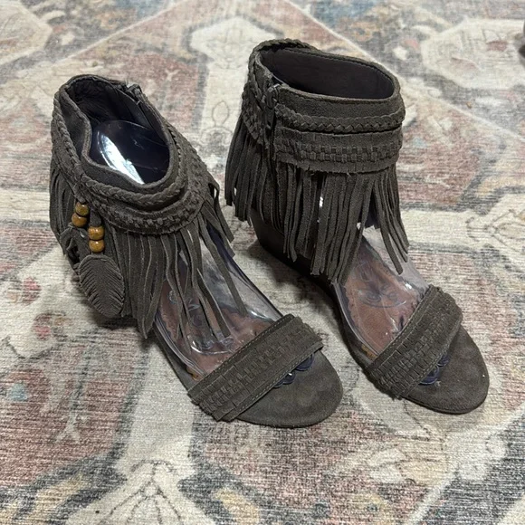 naughty monkey Shoes Naughty Monkey Taupe Fringe Wedge Sandals